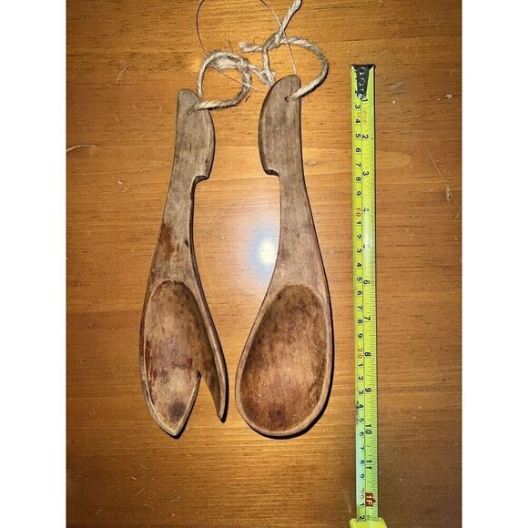 Vintage MCM Wooden Fork & Spoon Salad Serving Set Hand Made Rustic Cabin Cottage - Picture 2 of 4